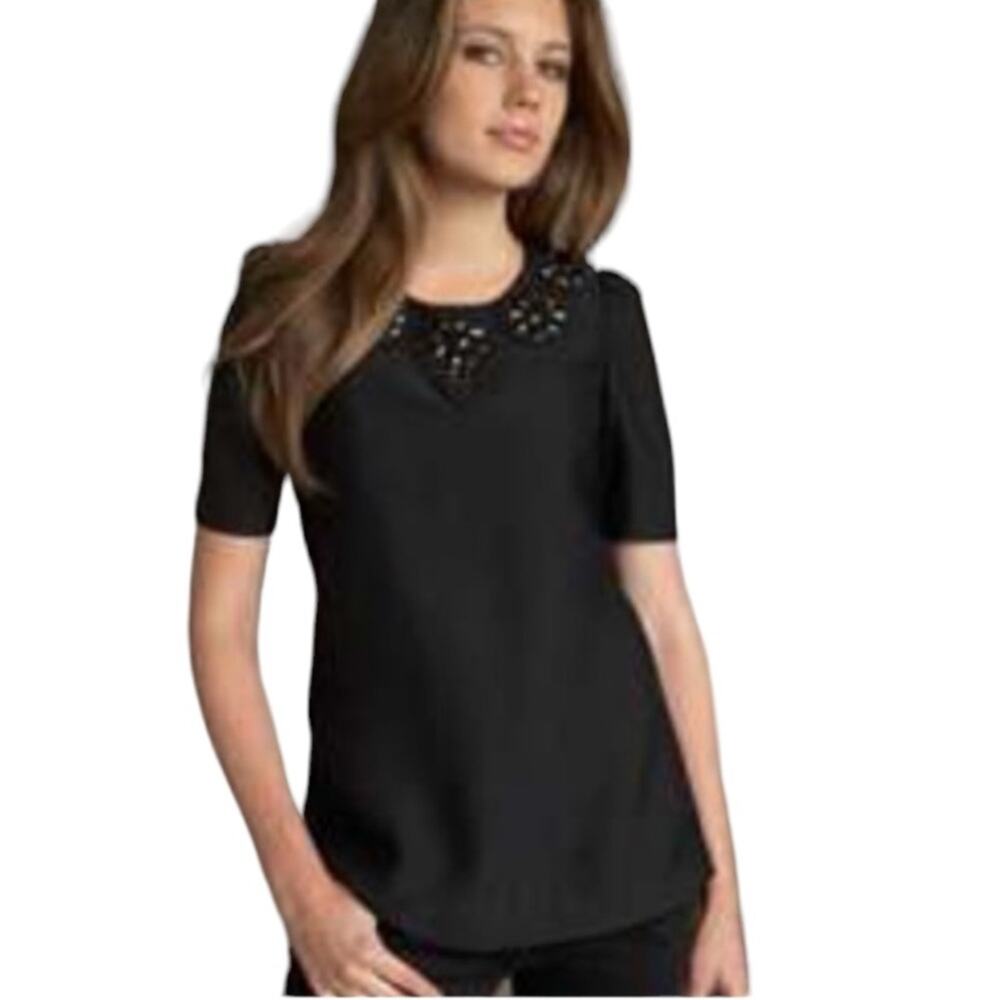 Karta Womens Black Jeweled Dark Romantic Puff Half Sleeve Evening Blouse Sz S
